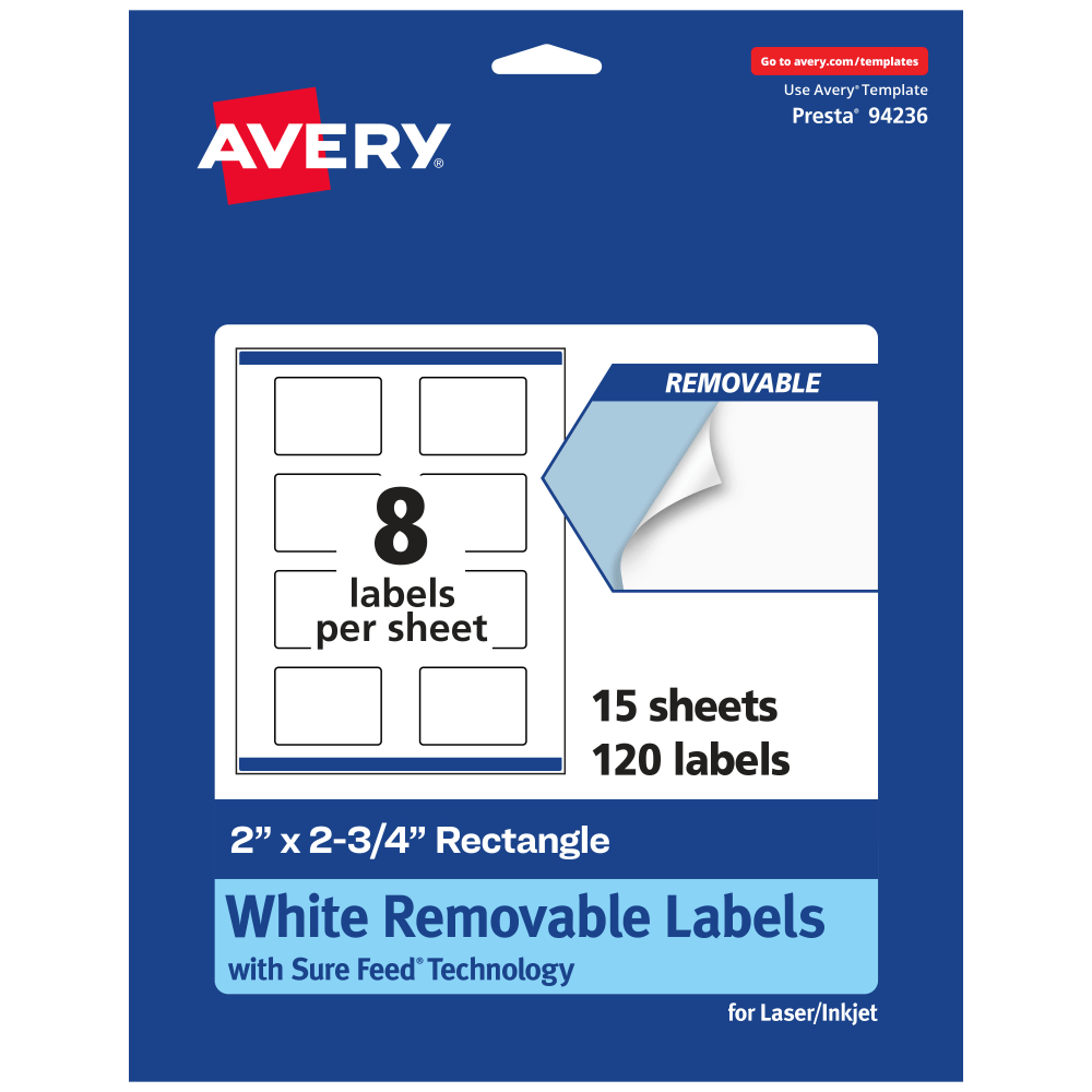 Avery Removable Labels With Sure Feed, 94236-RMP15, Rectangle, 2in x 2-3/4in, White, Pack Of 120 Labels
