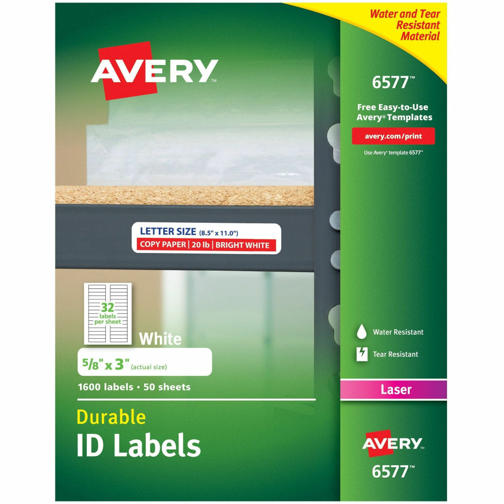 Avery Permanent Durable ID Labels With TrueBlock, 6577, 5/8in x 3in, White, Pack Of 1,600