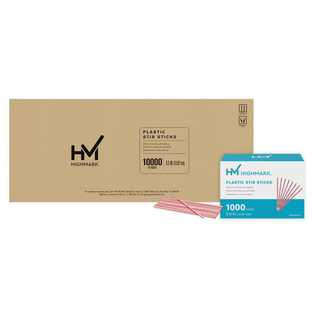 Highmark Plastic Stir Sticks, 5-1/2in, Red/White, Case Of 10,000