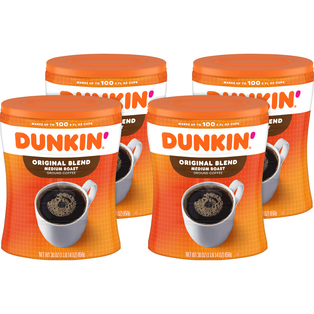 Dunkin Donuts Original Blend Ground Canister Coffee, Medium Roast, Case Of 4, 30 Oz Per Canister