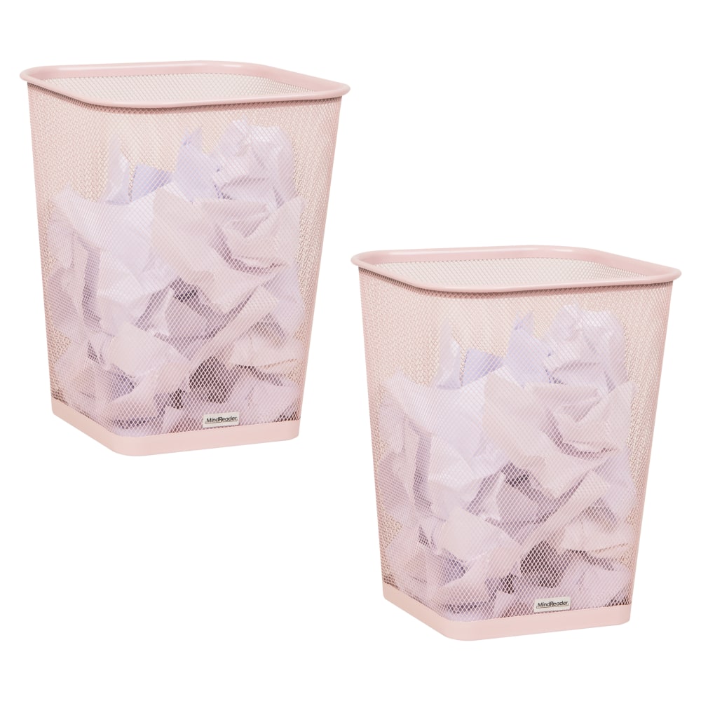 Mind Reader Metal Trash Can Square Waste Paper Basket, 12 1/4inH x 9 3/4inW x 9 3/4inD, Pink, Set of 2