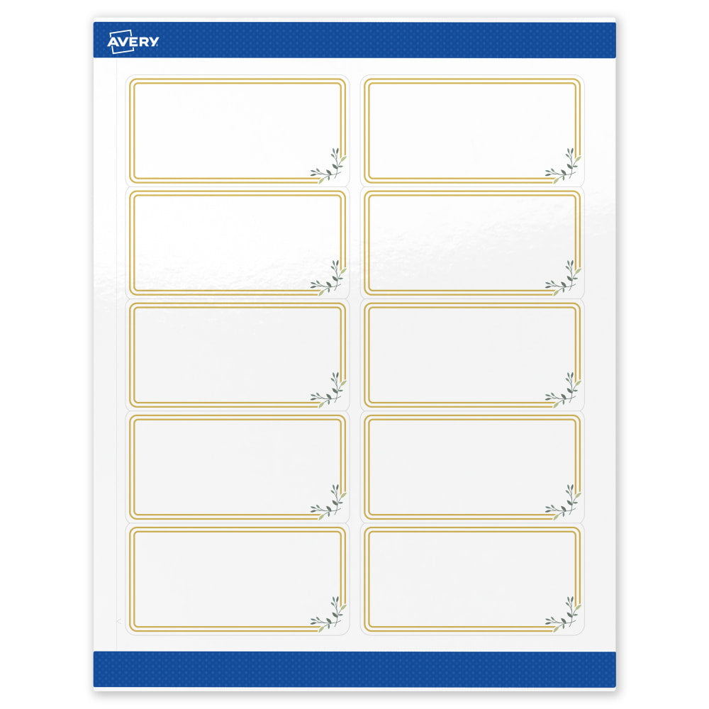 Avery Printable Labels & Sure Feed, S00-DMZ-PRWGP10, 2in x 4in, Glossy White, Preprinted Double Gold Border & Floral Design, Pack Of 100