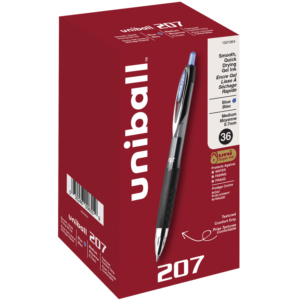 uni-ball 207 Retractable Fraud Prevention Gel Pens, Medium Point, 0.7 mm, Black Barrel, Blue Ink, Pack Of 36