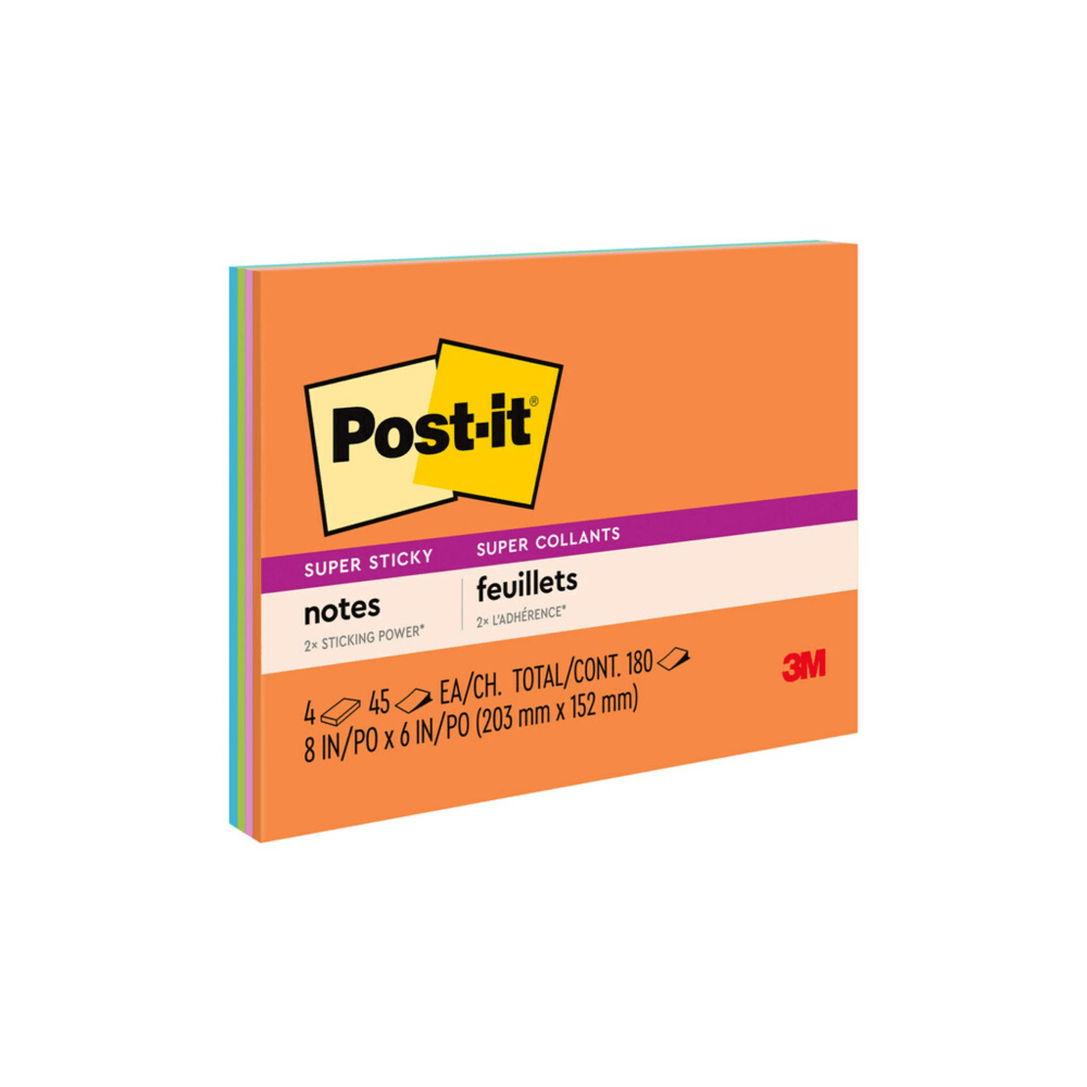 Post-it Super Sticky Notes, 6 x 8 in, 4 Lined Sticky Note Pads, 45 Sheets/Pad, 2X Sticking Power, School and Office Supplies, Energy Boost, 6845SSP