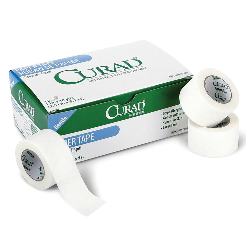 CURAD Paper Adhesive Tape, 1in x 10 yd., White, 12 Rolls Per Box, Case of 10 Boxes