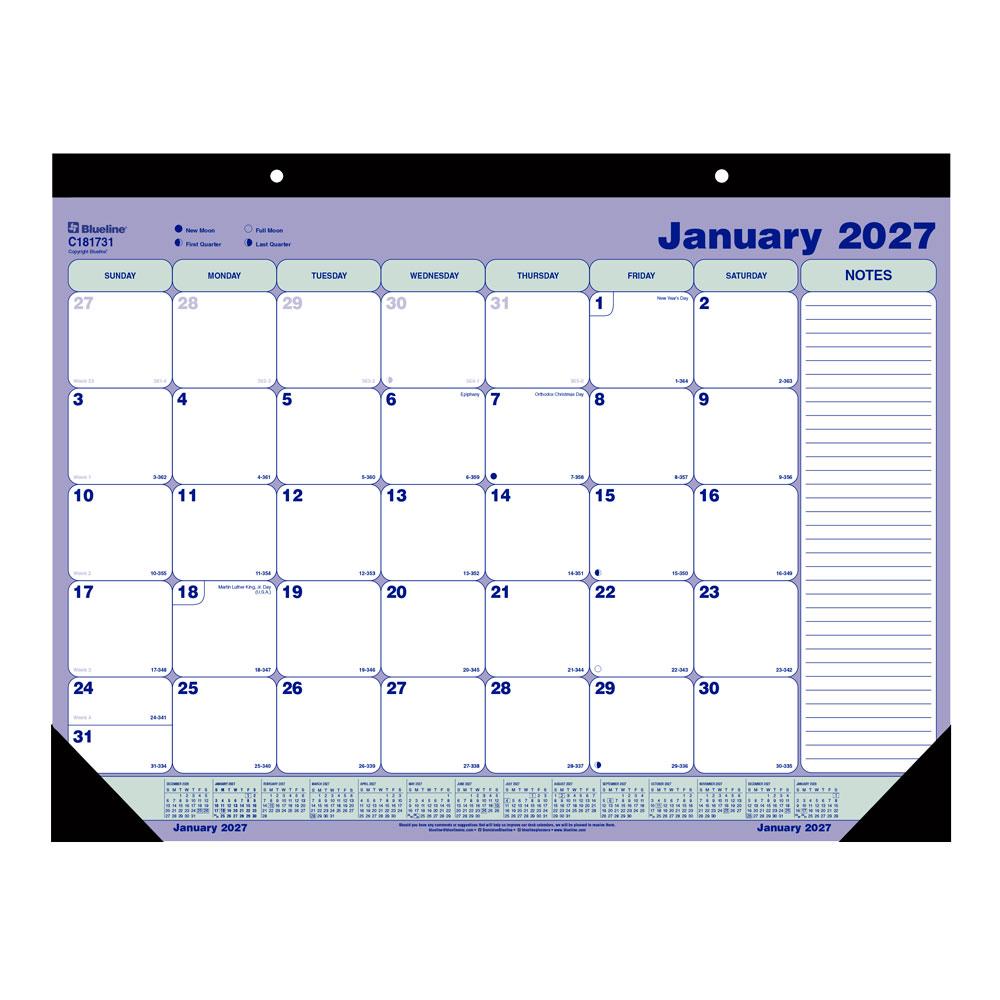 2027 Blueline Monthly Desk Pad Calendar, 21-1/4in x 16in, Blue/White, January To December, C181731, Total Qty 1
