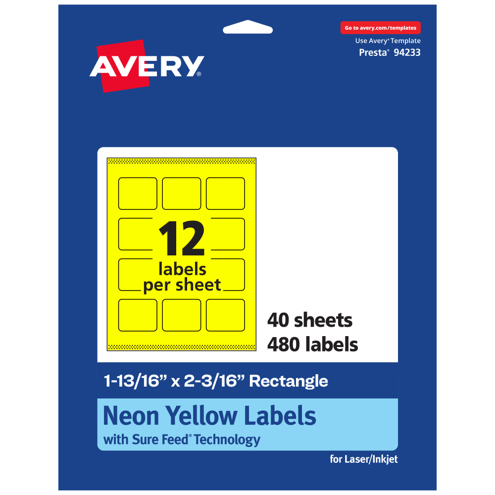 Avery Print-To-The-Edge Labels With Sure Feed Technology And Easy Peel, 94233-NYP40, Rectangle, 1-13/16in x 2-3/16in, Matte Neon Yellow, Pack of 480