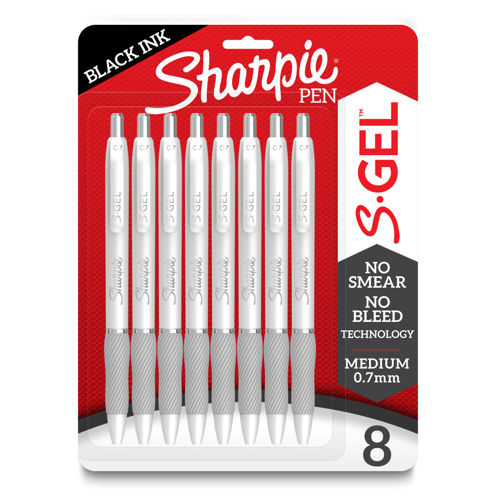 Sharpie S-Gel Fashion Barrel Gel Pens, Medium Point, 0.7 mm, White Barrels/Black Ink, Pack Of 8 Pens