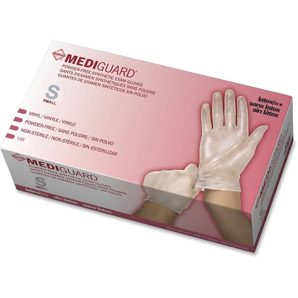 Medline MediGuard Vinyl Non-sterile Exam Gloves - Small Size - Vinyl - Clear - Powder-free, Ambidextrous, Latex-free, Durable, Beaded Cuff, 150/PK