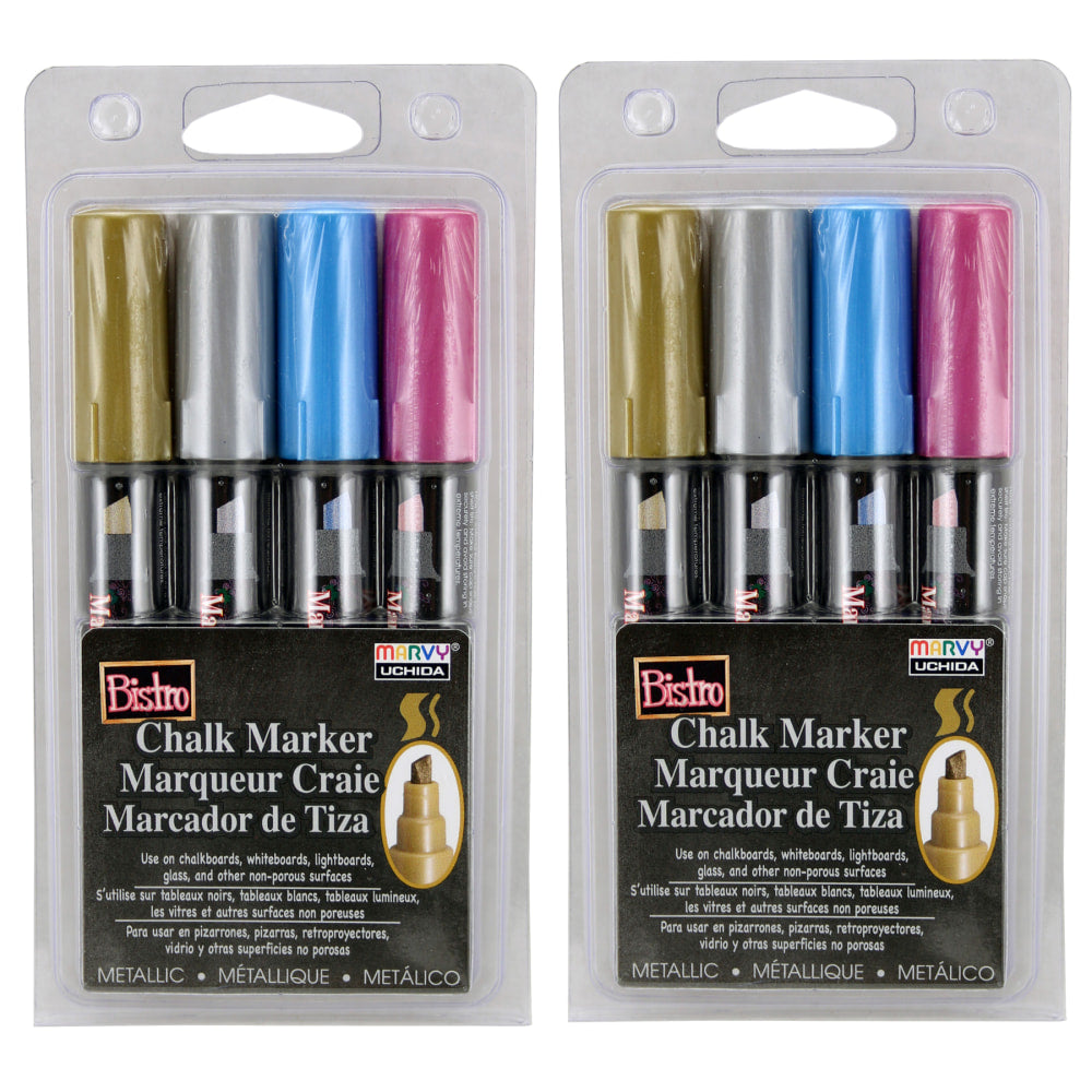 Marvy Uchida Bistro Chalk Markers, 8 Markers Total, Chisel Tip, Metallic Colors, 4 Markers Per Pack, Set Of 2 Packs