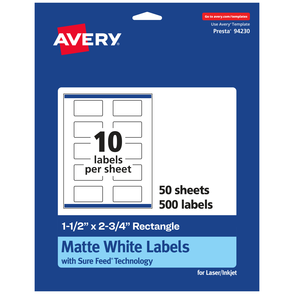 Avery Permanent Labels With Sure Feed, 94230-WMP50, Rectangle, 1-1/2in x 2-3/4in, White, Pack Of 500