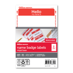 Office Depot Brand Hello Name Badge Labels, 2 11/32in x 3 3/8in, Red Border, Pack Of 100