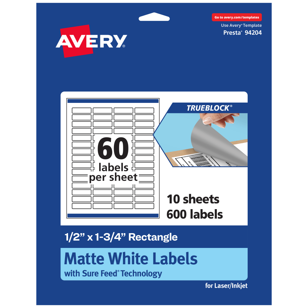 Avery Print-To-The-Edge TrueBlock Labels With Sure Feed, 94204-TWMP10, Rectangle, 1/2in x 1-3/4in, Matte White, Pack Of 600