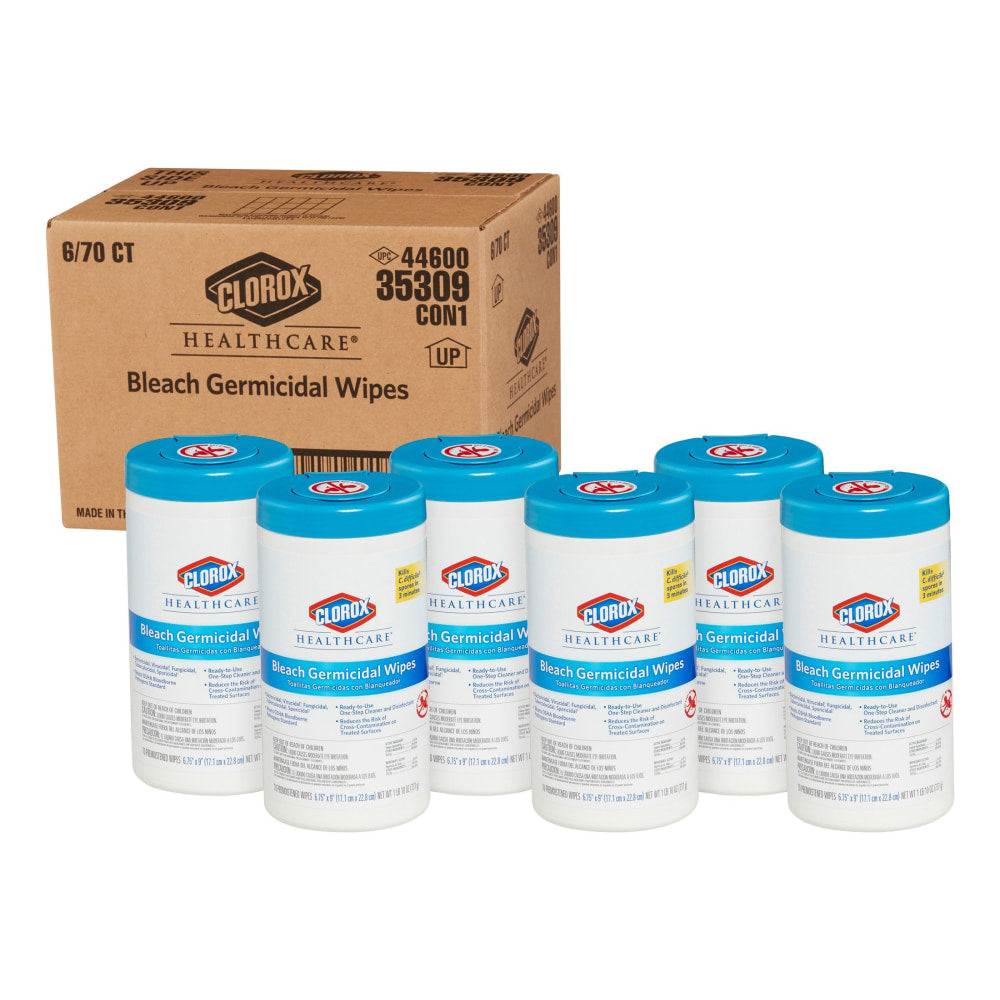 Clorox Healthcare Bleach Germicidal Wipes - Ready-To-Use - 9inx6.75in- Disinfectant, Antimicrobial, Anti-corrosive, Unscented - White - 70Tub - 6/Carton