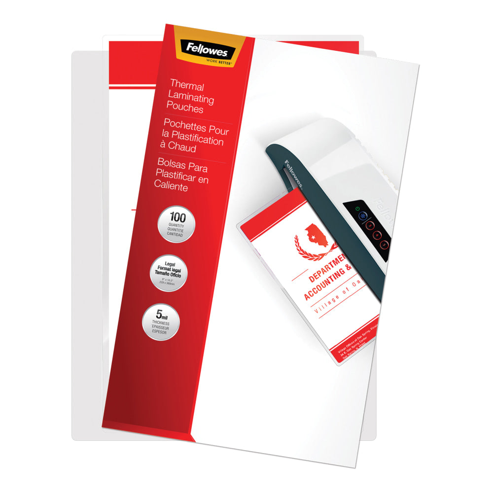 Fellowes Laminating Pouches, 5 Mil, Legal, 9in x 14-1/2in, Pack Of 100 Pouches