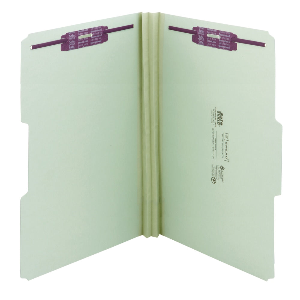 Smead Pressboard Fastener Folders With SafeSHIELD Fasteners, 2in Expansion, Legal Size, 100% Recycled, Gray/Green, Box Of 25