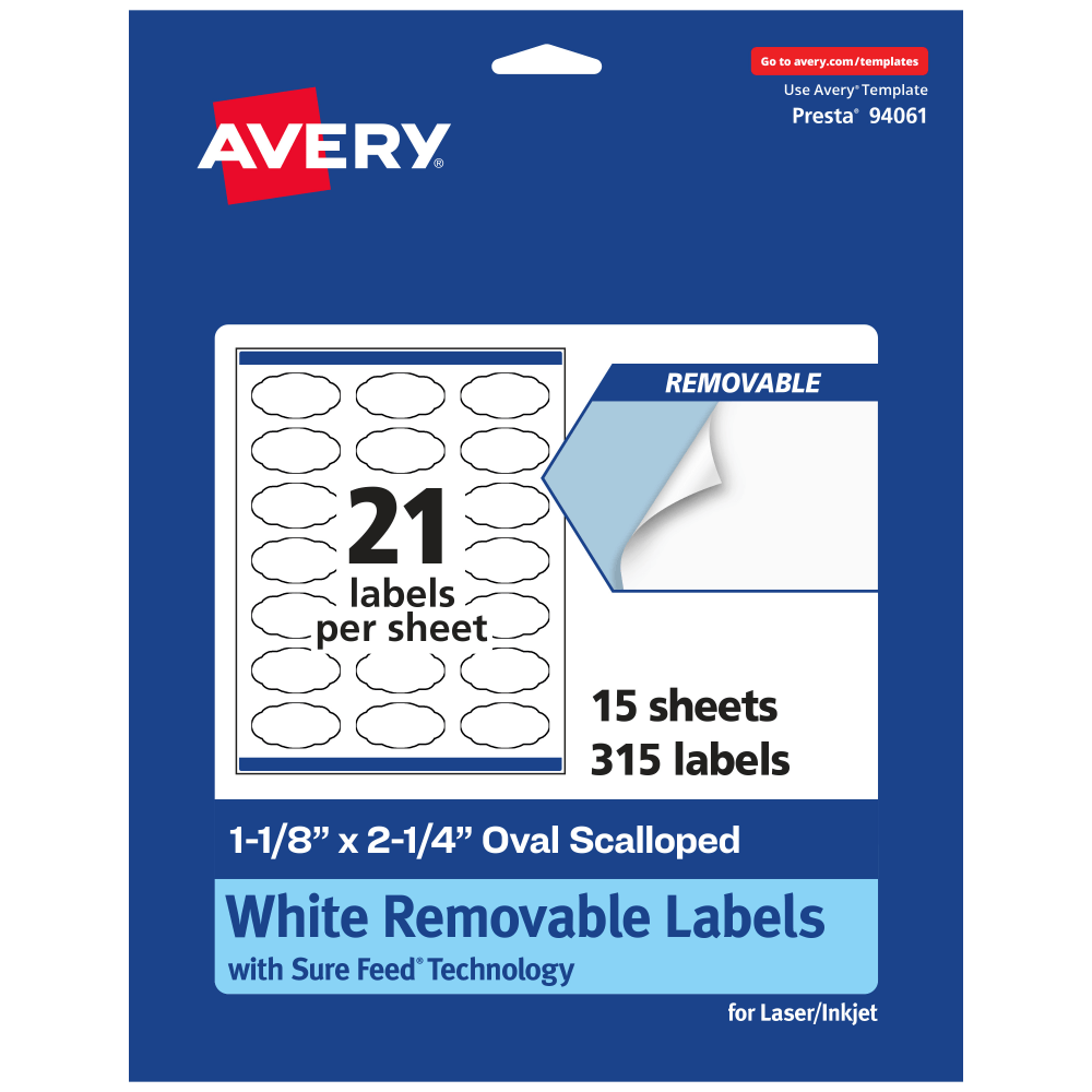 Avery Removable Labels With Sure Feed, 94061-RMP15, Oval Scalloped, 1-1/8in x 2-1/4in, White, Pack Of 315 Labels