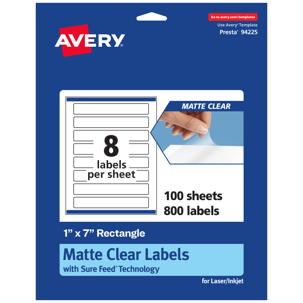 Avery Permanent Labels With Sure Feed, 94225-CMF100, Rectangle, 1in x 7in, Matte Clear, Pack Of 800