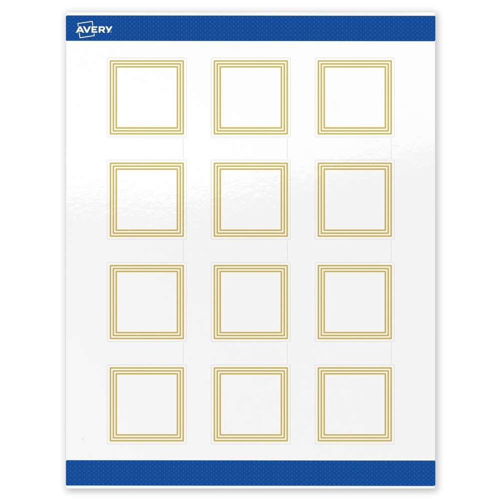 Avery Print-To-The-Edge Labels & Sure Feed, S00-DHT-PRWGP10, 2in x 2in, Glossy White, Preprinted Multi-Lined Gold Border Design, Pack Of 120