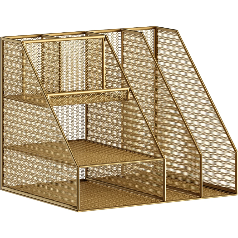 Martha Stewart Ryder Mesh Metal Large Desktop Organizer With Magazine File Holder, Pen Holder And Storage, 10inH x 12-1/2inW x 10inD, Gold