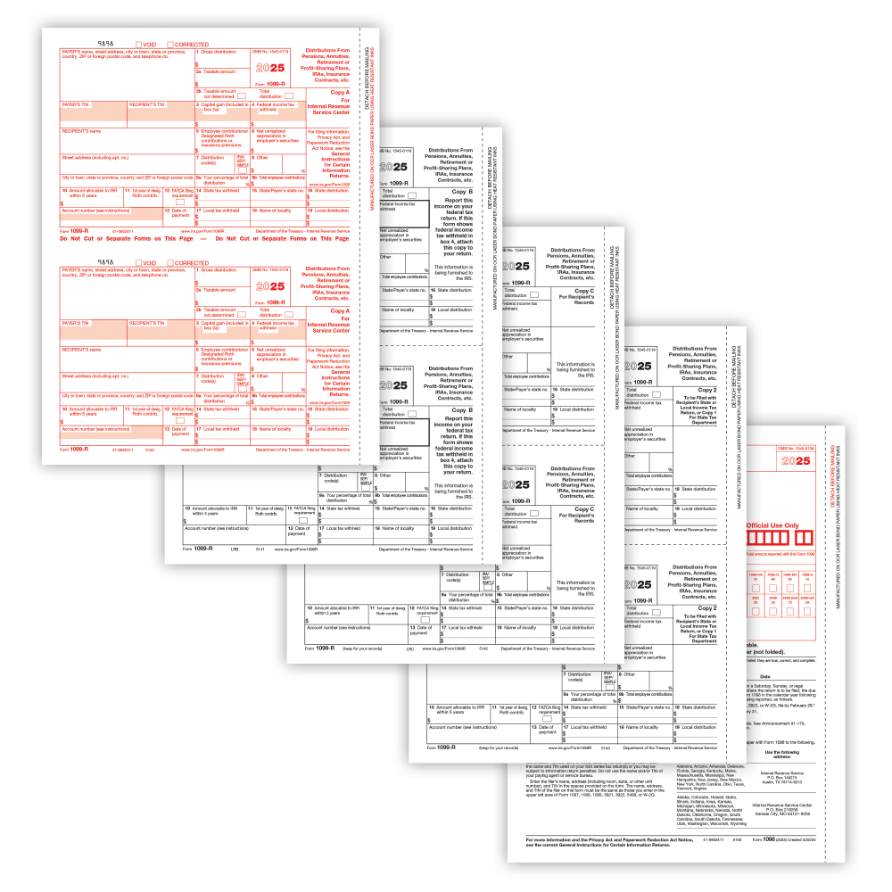 ComplyRight 1099-R Tax Forms, 6-Part, 2-Up, Copies A, B, C, D, 8-1/2in x 11in, Pack Of 10 Forms, 56461025