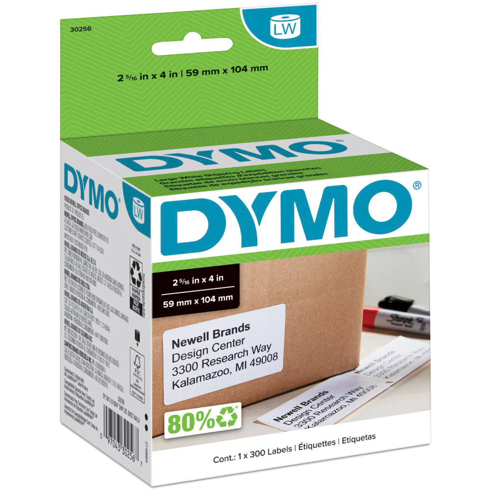 DYMO White LabelWriter Shipping Labels, 30256, 2 5/16in x 4in,Roll Of 300