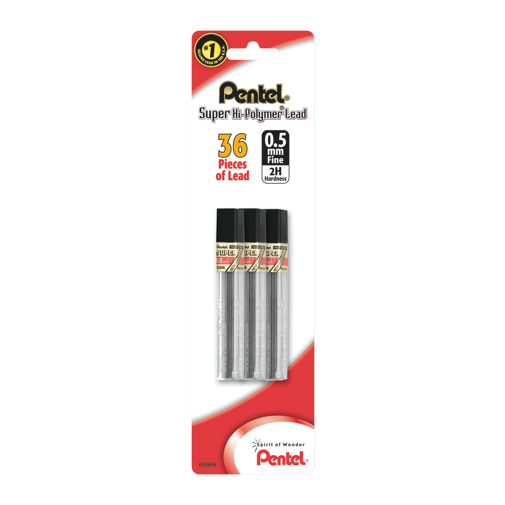 Pentel Super Hi-Polymer Fine Line Lead Refills, 0.5 mm, 2H Hardness, Pack Of 36