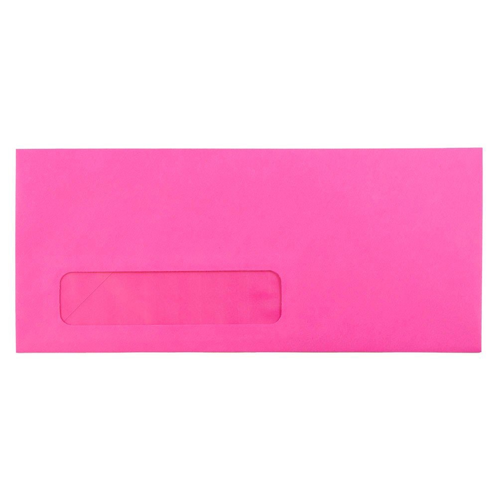 JAM Paper #10 Single-Window Booklet Envelopes, Bottom Left Window, Gummed Seal, Brite Hue Ultra Fuschia Hot Pink, Pack Of 25