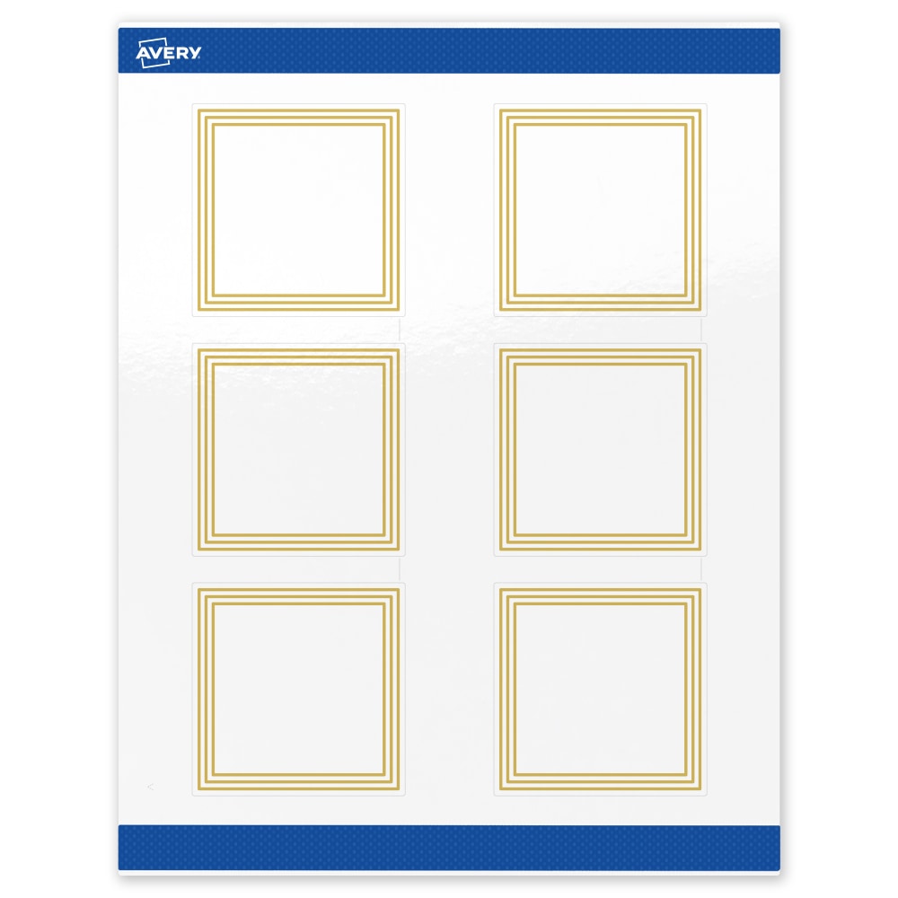 Avery Print-To-The-Edge Labels & Sure Feed, S00-DHJ-PRWGP10, 3in x 3in, Glossy White, Preprinted Multi-Lined Gold Border Design, Pack Of 60