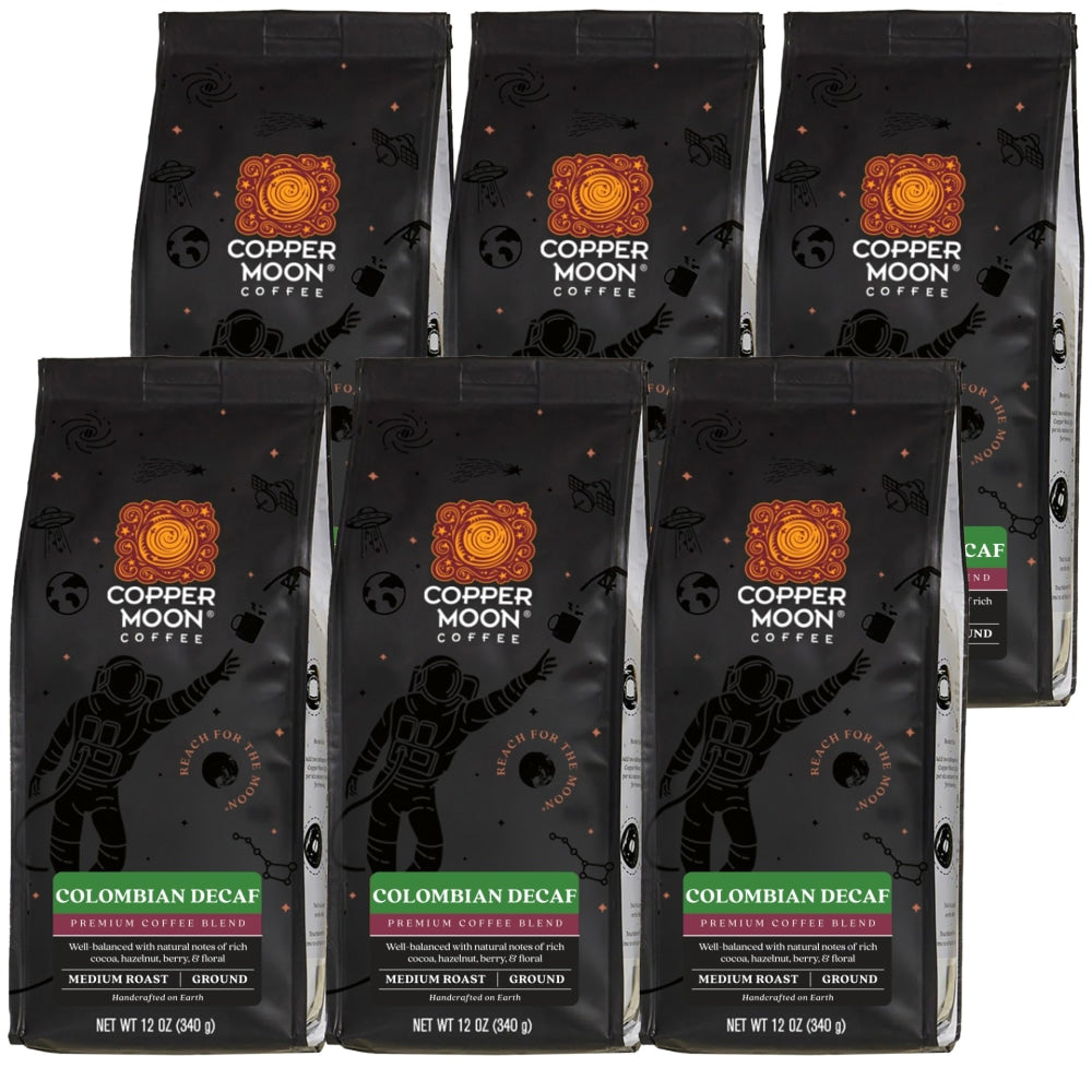 Copper Moon World Coffees Ground Coffee, Decaffeinated, Colombian, 12 Oz Per Bag, Carton Of 6 Bags