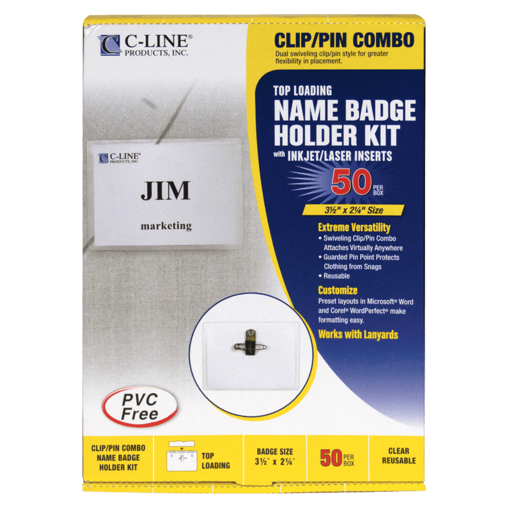 C-Line Sealed Clip/Pin Style Badge Holder Kit, Top Loading, 2 1/4in x 3 1/2in