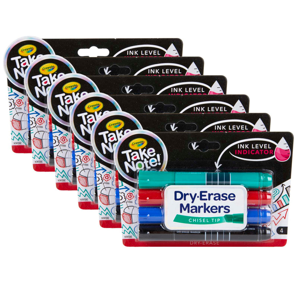 Crayola Take Note Dry-Erase Markers, Chisel Tip, Assorted Colors, Pack Of 4 Markers, Set Of 6 Packs