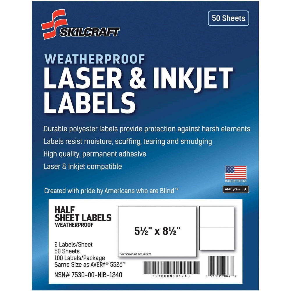SKILCRAFT Weatherproof Mailing Labels - 5 1/2inx 8 1/2in - Permanent Adhesive - Rectangle - Laser, Inkjet - 6736219