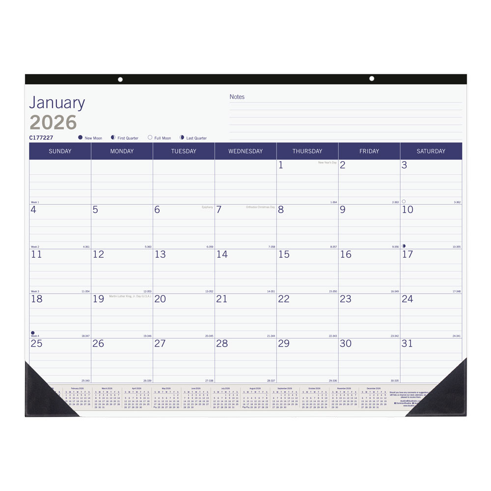 2026 Blueline DuraGlobe Monthly Desk Pad Calendar, 22in x 17in, Blue/White, January To December, C177227