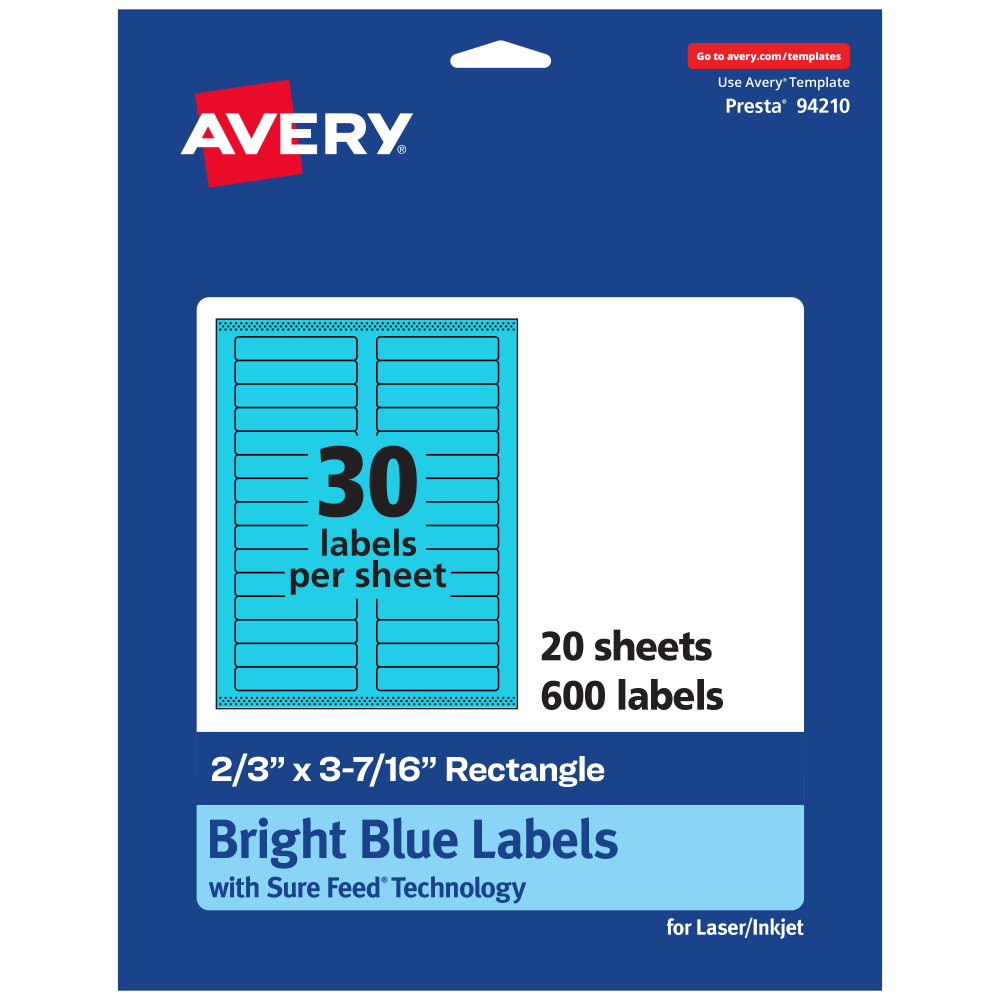 Avery Printable Labels With Sure Feed Technology, 94210-BBP20, Rectangle, 2/3in x 3-7/16in, Matte Bright Blue, Pack of 600