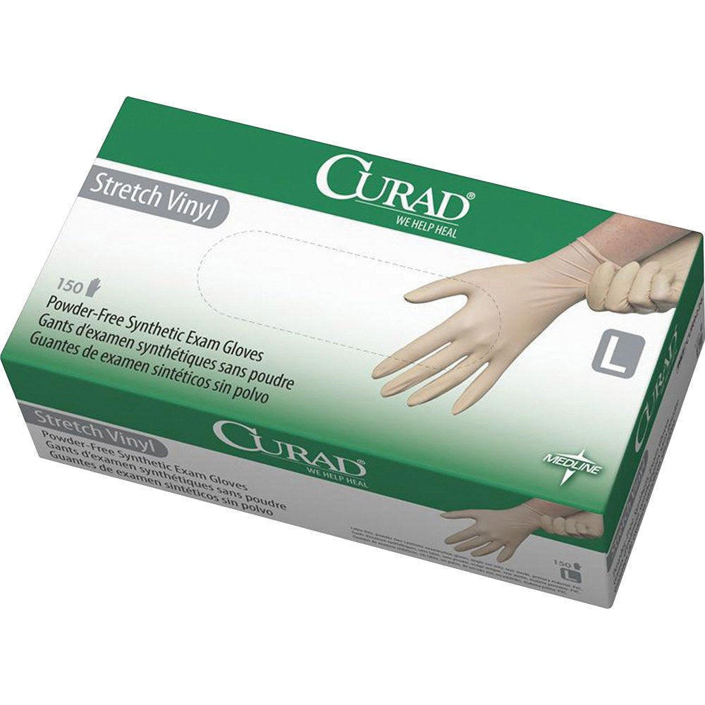 Medline Powder-free Stretch Vinyl Exam Gloves - Large Size - Vinyl - Cream - Stretchable, Powder-free, Latex-free, Non-sterile, Beaded Cuff, 150/PK