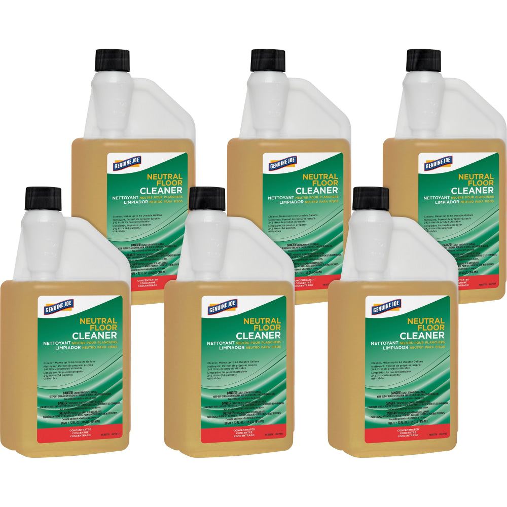Genuine Joe Neutral Floor Cleaner - For Multi Surface - Concentrate - 32 fl oz - pH Neutral - Yellow - 6/Carton - 99671CT