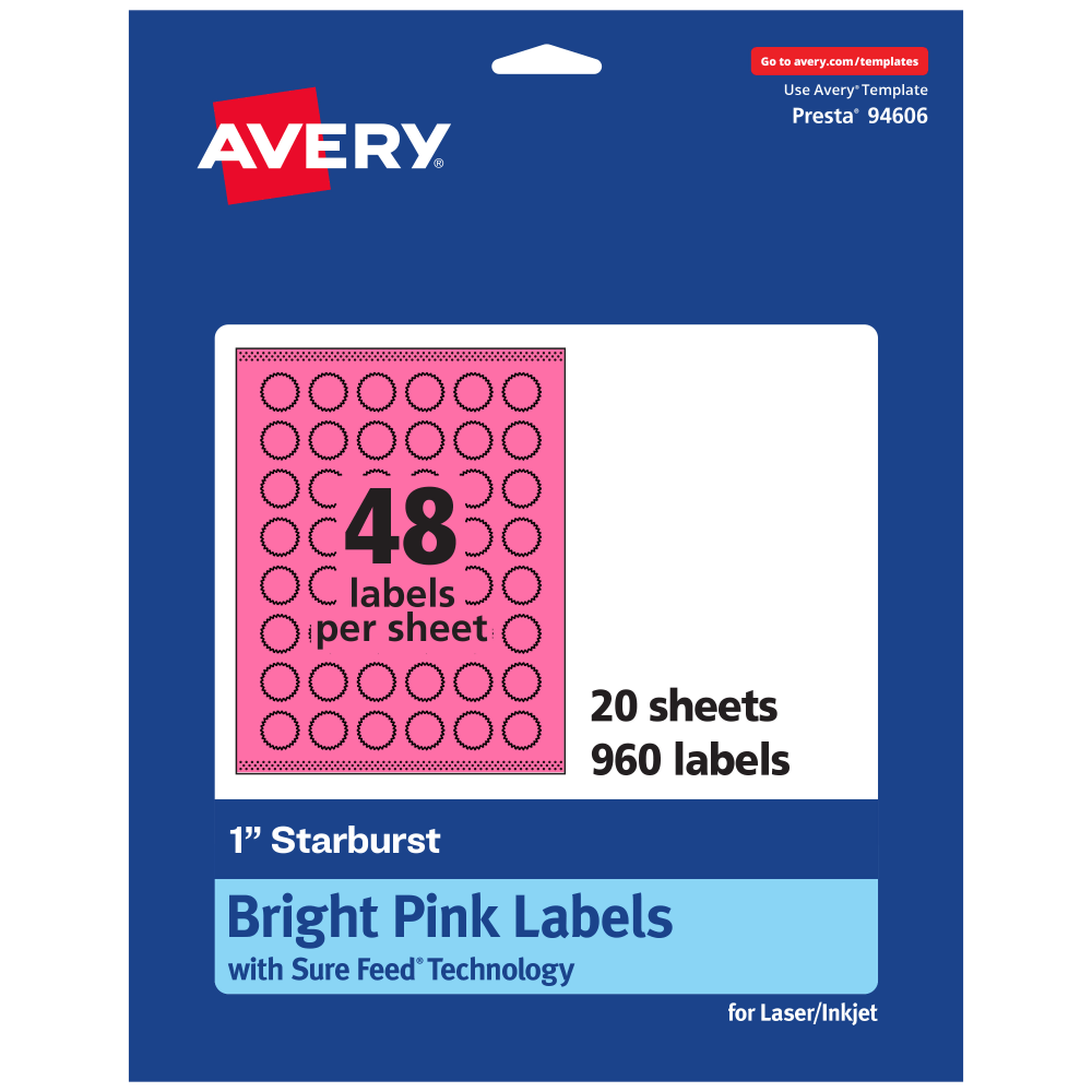 Avery Print-To-The-Edge Labels With Sure Feed Technology, 94606-BPP20, Starburst, 1in, Matte Bright Pink, Pack of 960