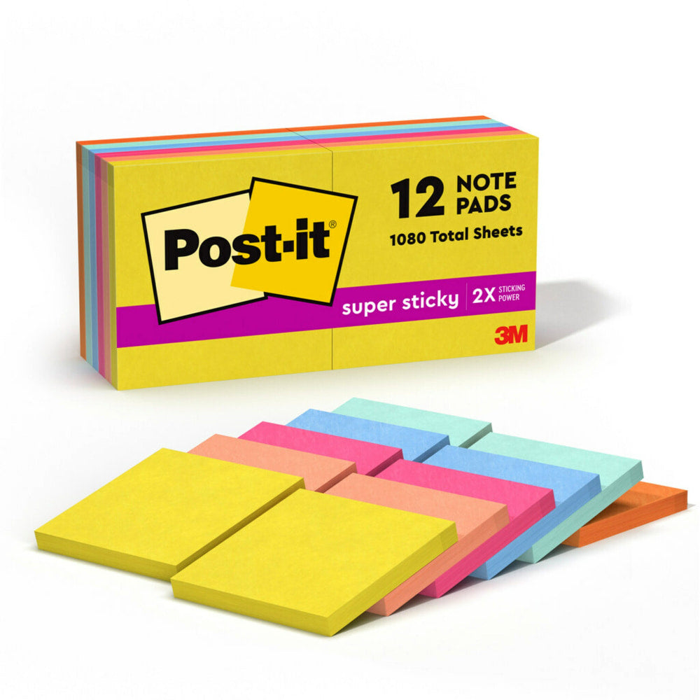 Post-it Super Sticky Notes, 3 x 3 in, 12 Sticky Note Pads, 90 Sheets/Pad, 2X the Sticking Power, School Supplies and Office Products, Summer Joy