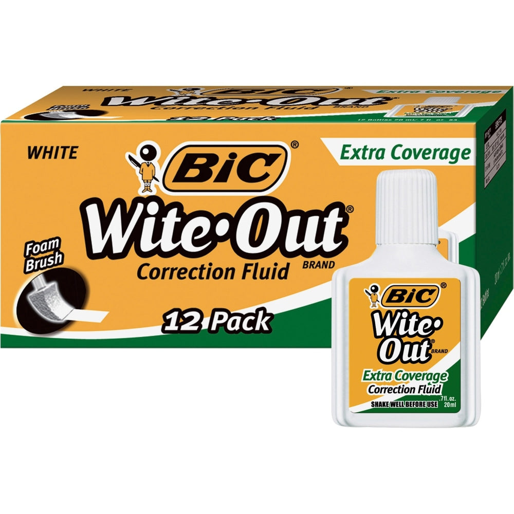BIC Wite-Out Extra Coverage Correction Fluid, 0.68 oz (20 mL), White, Pack Of 12