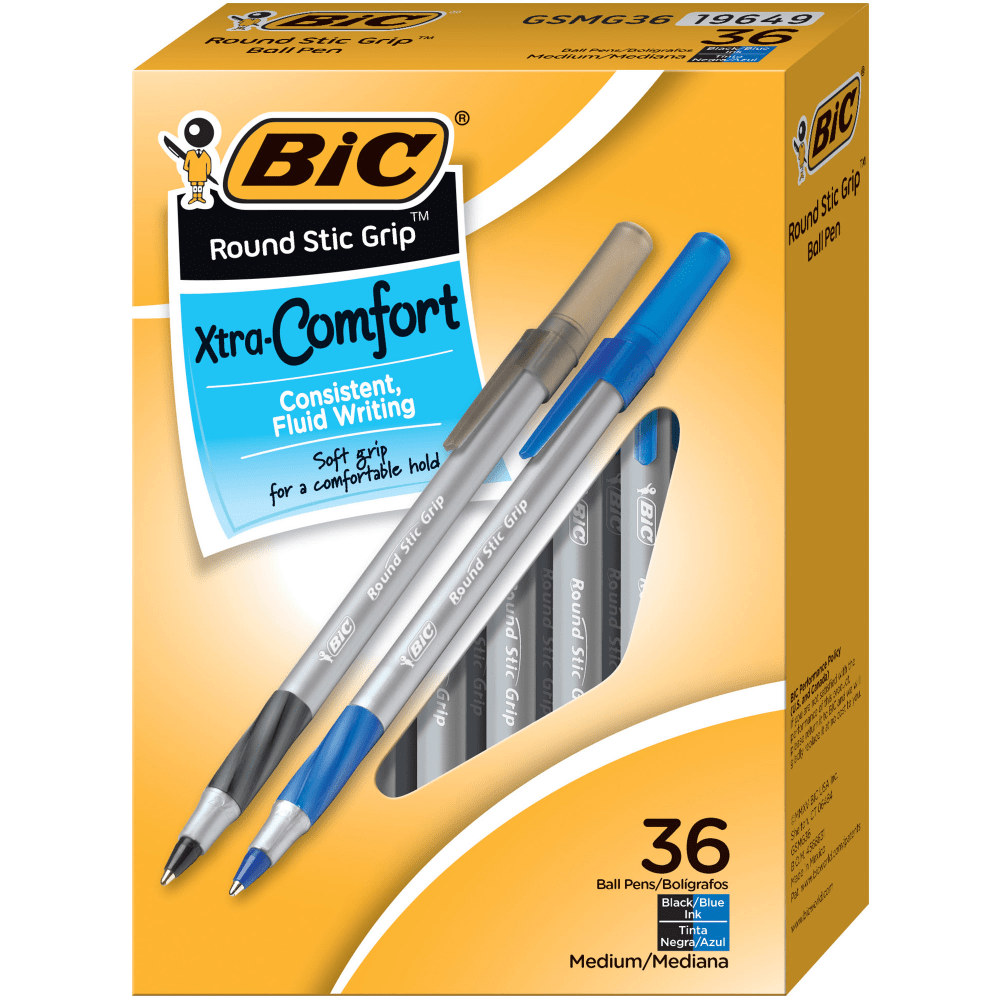 BIC Round Stic Grip Xtra-Comfort Ballpoint Pens, Medium Point, 1.2 mm, Assorted Barrels, Assorted Ink Colors, Box Of 36