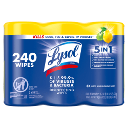 Lysol Disinfecting Wipes, Lemon & Lime Blossom Scent, 7in x 7.25in, 80 Wipes Per Canister, Case Of 3 Canisters
