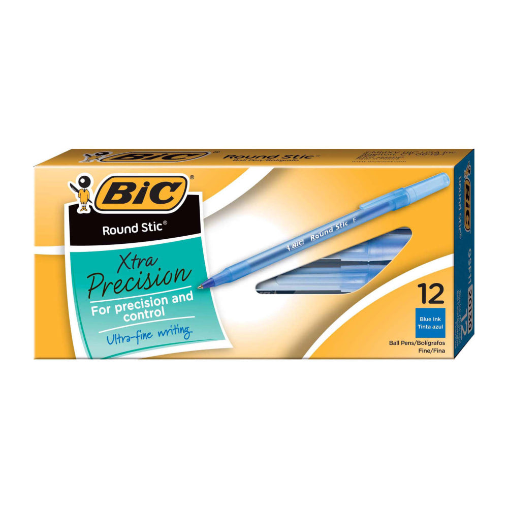 BIC Round Stic Ballpoint Pens, Fine Point, 0.8 mm, Translucent Barrel, Blue Ink, Pack Of 12