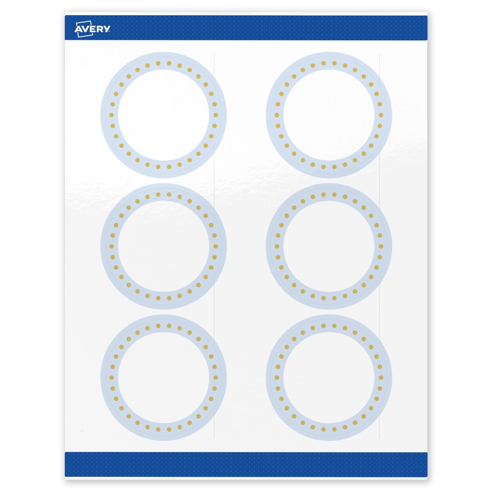 Avery Print-To-The-Edge Labels & Sure Feed, S00-DMD-PRWGP10, 3in Round, Glossy White, Preprinted Blue Border & Gold Dots Design, Pack Of 60