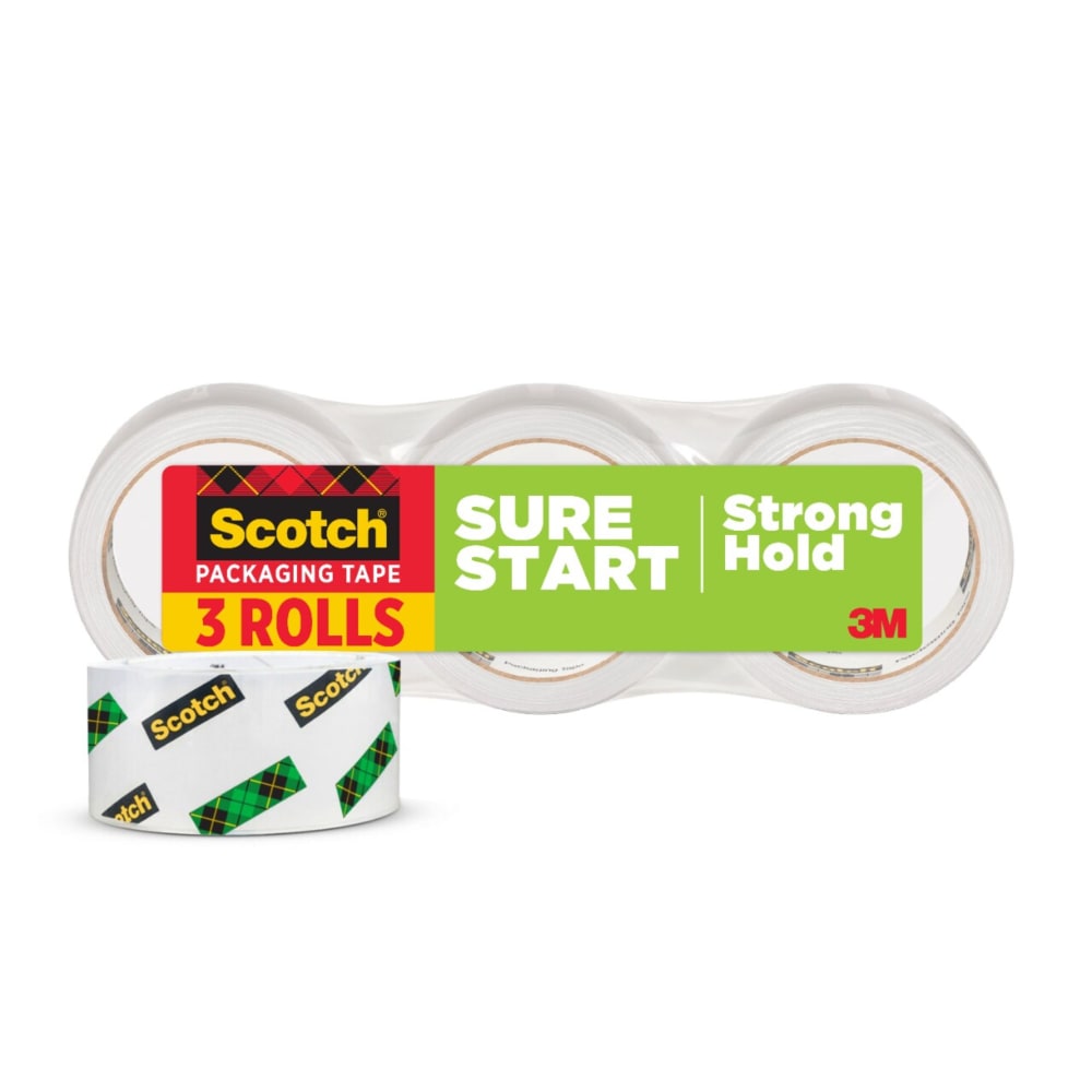Scotch Sure Start Shipping Tape, 1-7/8in x 43.7 Yd., Clear, Pack Of 3 Rolls, 3450403