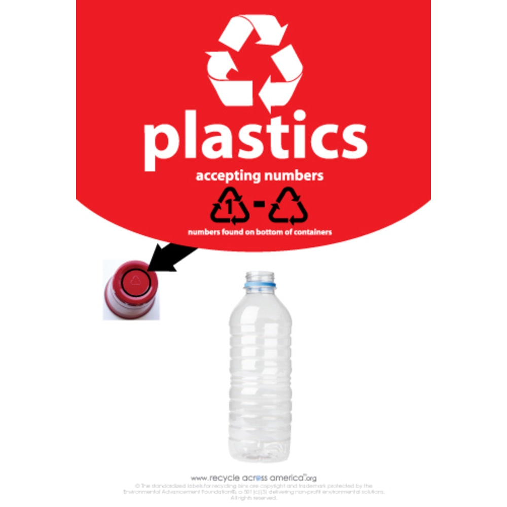Recycle Across America Plastics With Number Standardized Recycling Label, PLASS#-1007, 10in x 7in, Red