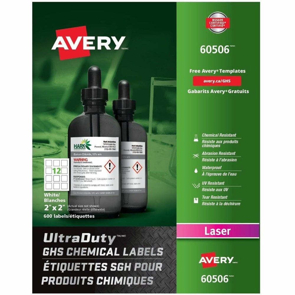 Avery UltraDuty GHS Chemical Labels, AVE60506, 2in x 2in, White, Box Of 600