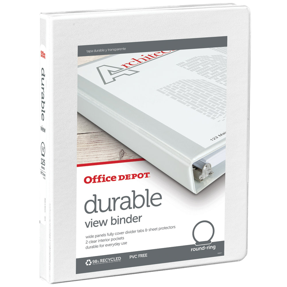 Office Depot Brand Durable View 3-Ring Binder, 1/2in Round Rings, White, OD02959