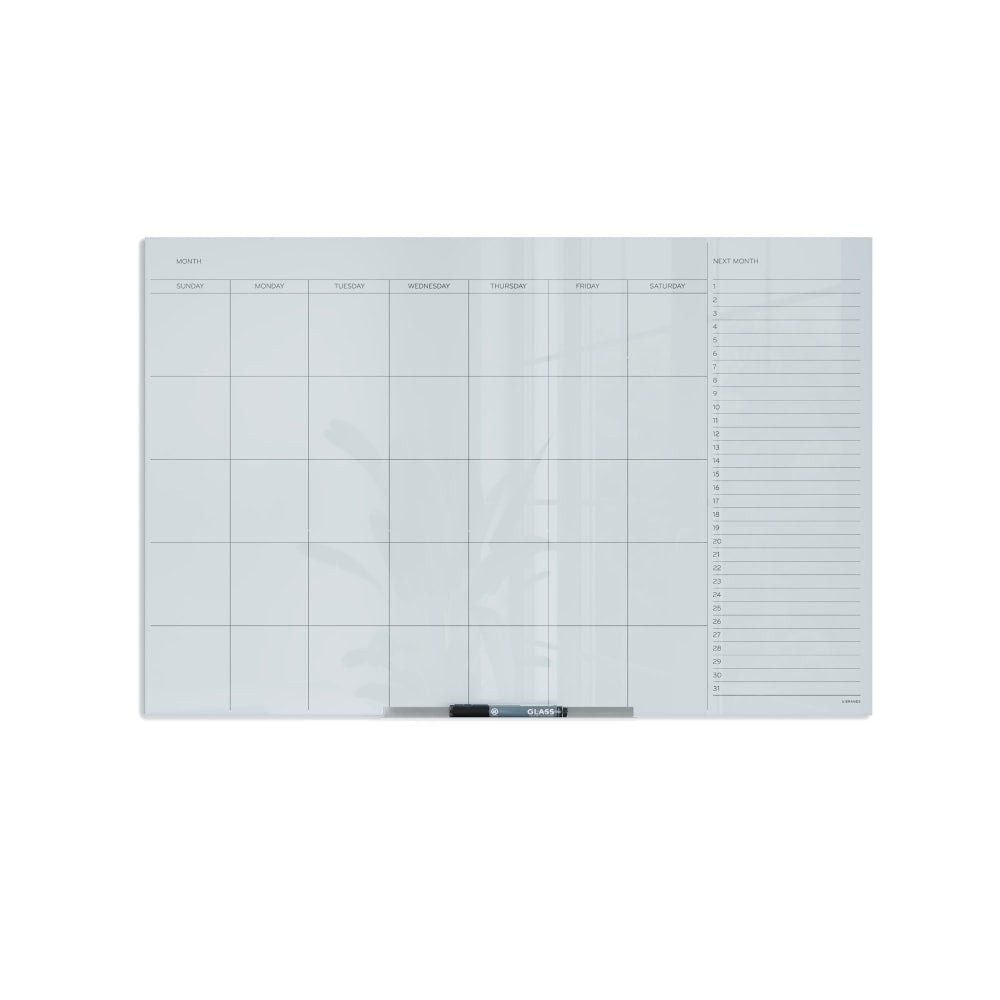 U Brands Floating Non-Magnetic Glass Dry-Erase Monthly Calendar Board, 36inx24in, White Frosted Surface, Frameless, Actual Size 35inx23in (2775U00-01)