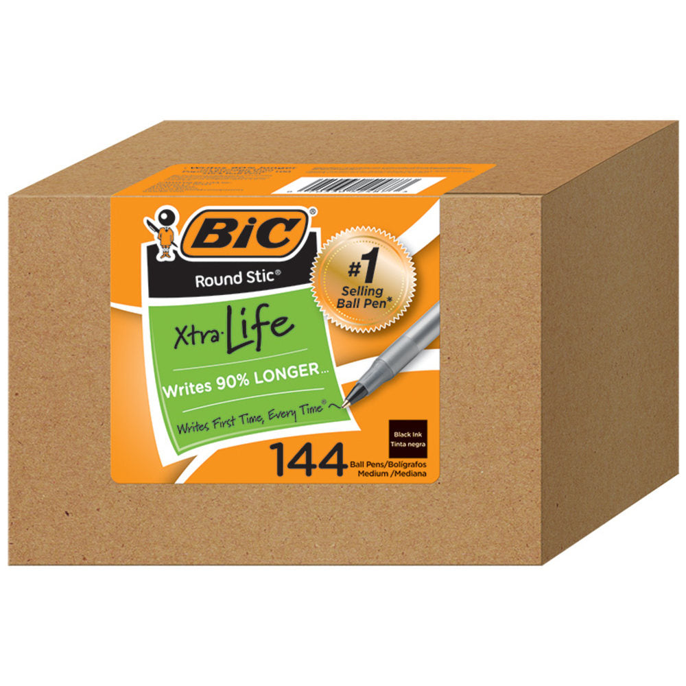 BIC Round Stic Ballpoint Pens, Medium Point, 1.0 mm, Translucent Barrels, Black Ink, Pack Of 144 Pens